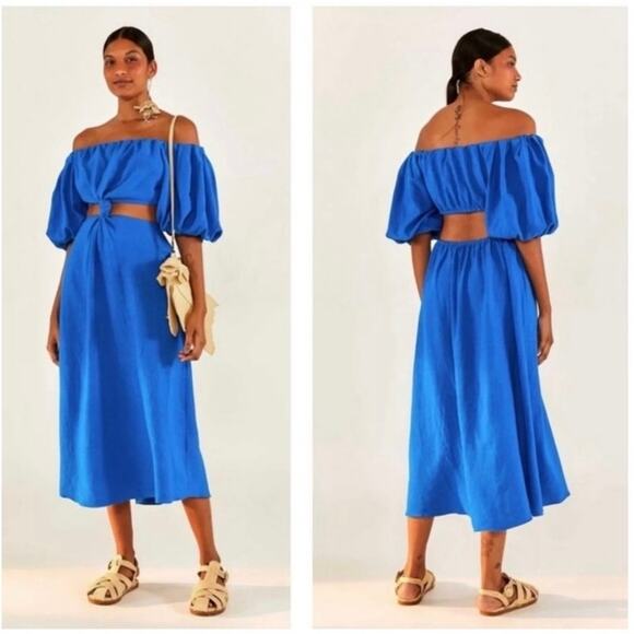 FARM Rio Dresses & Skirts - Farm Rio Cutout Knot Waist Linen Blend Puff Sleeve Blue Midi Dress Size M